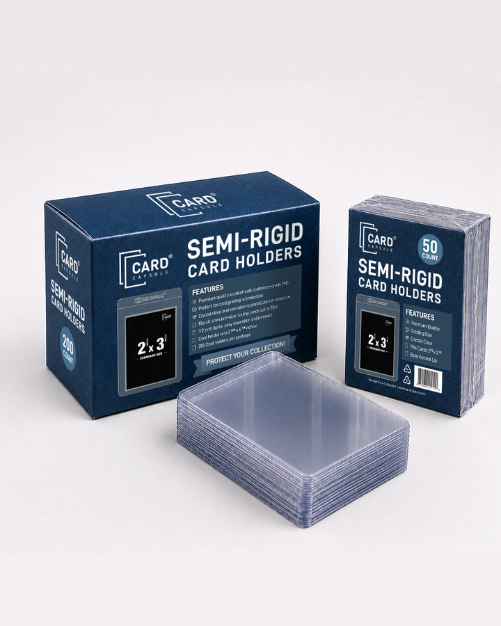 Card Capsule Semi-Rigid Card Holders 200 count box beside a 50 count pack and a loose stack of holders