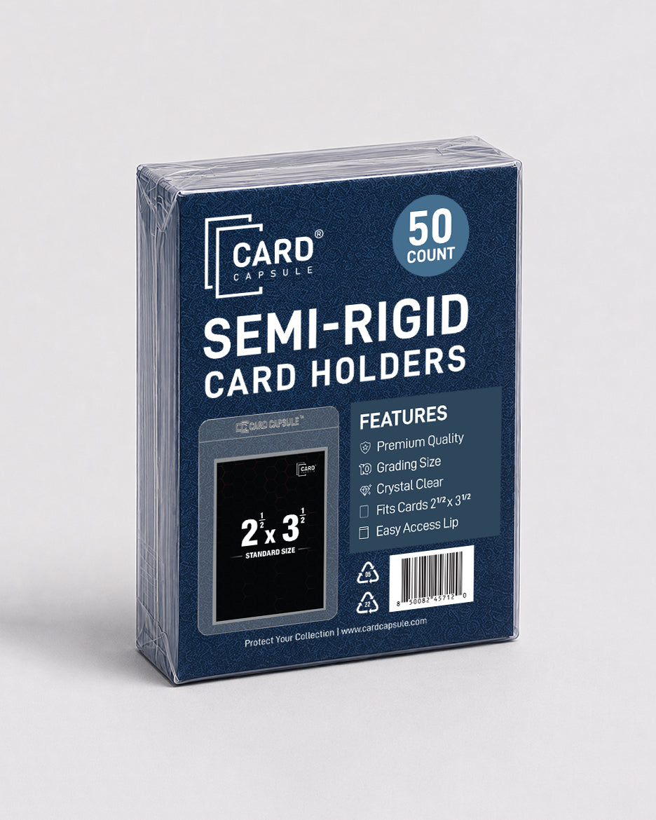 Card Capsule Semi-Rigid Card Holders 50 count pack angled left, showing the feature list