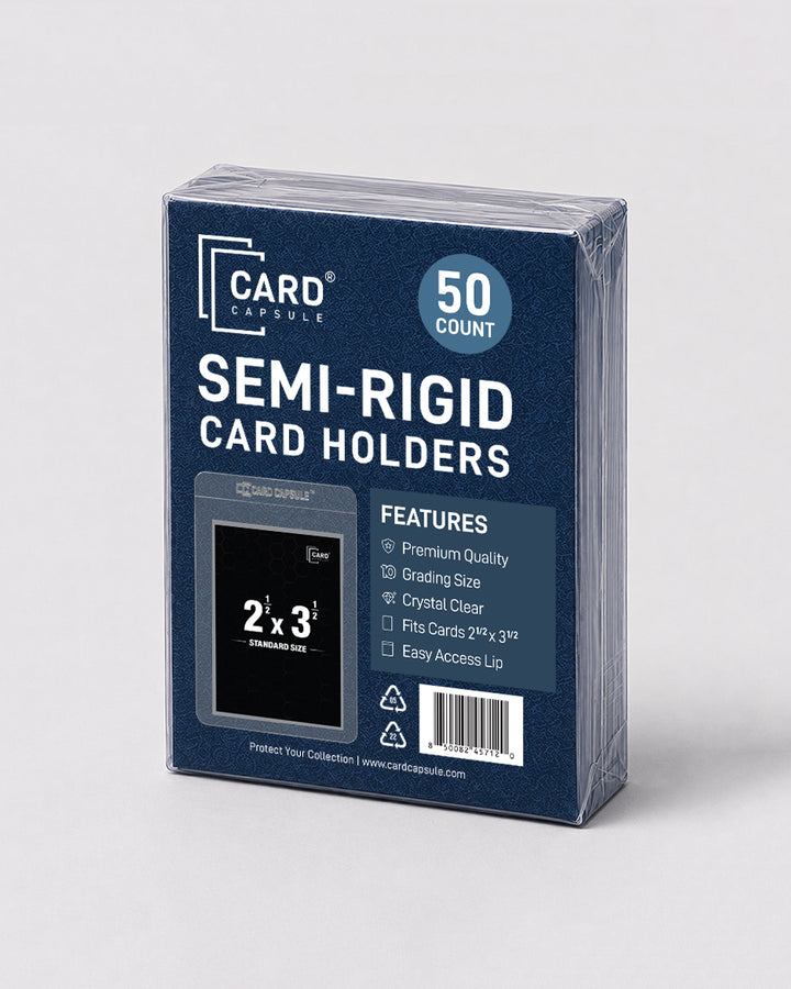 Card Capsule Semi-Rigid Card Holders 50 count pack angled right, showing the feature list