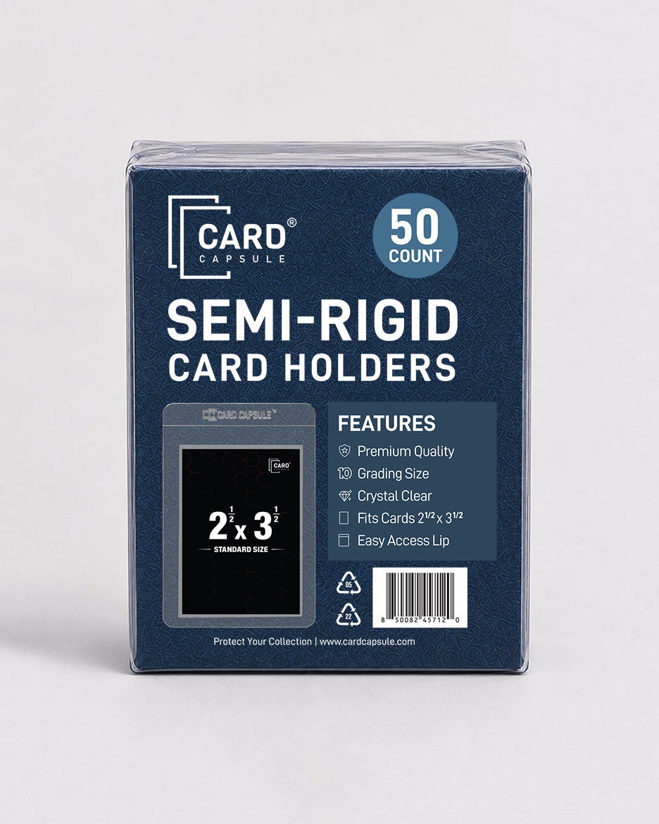 Front of the Card Capsule Semi-Rigid Card Holders 50 count pack, listing grading safe, crystal clear, and easy access lip