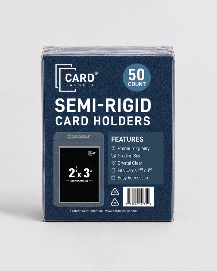 Front of the Card Capsule Semi-Rigid Card Holders 50 count pack, listing grading safe, crystal clear, and easy access lip
