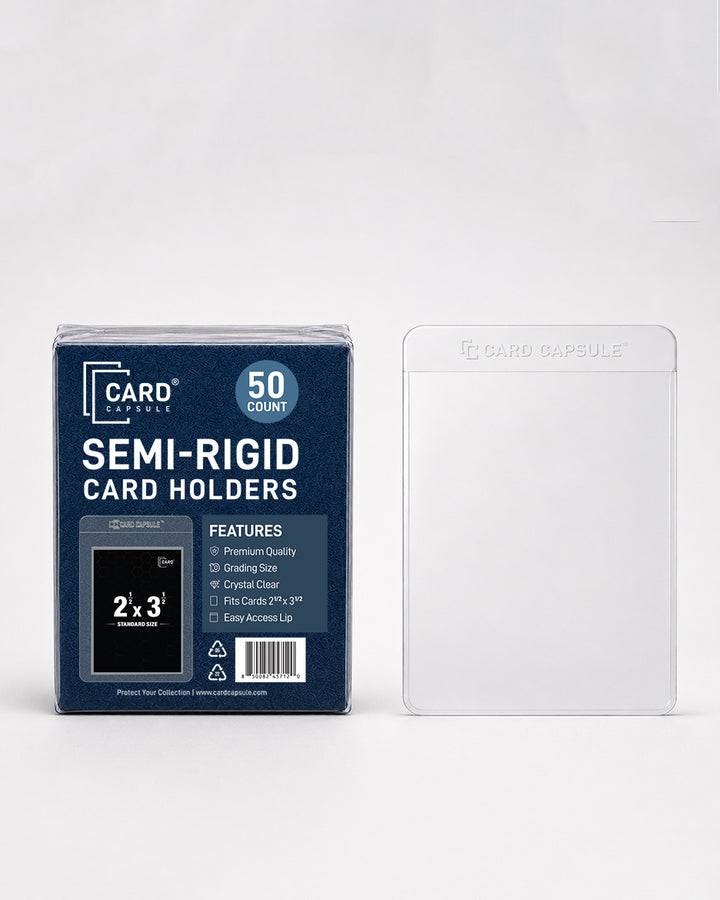 Semi-Rigid Card Holders 50 count pack next to a single clear holder
