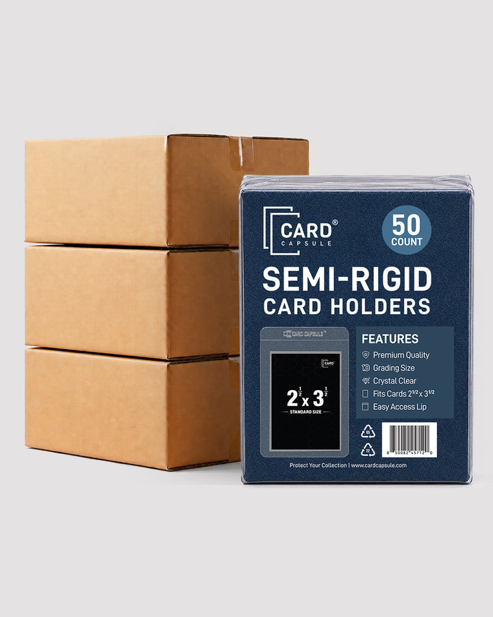 Semi-Rigid Card Holders 50 count pack beside stacked shipping cases, showing bulk quantities