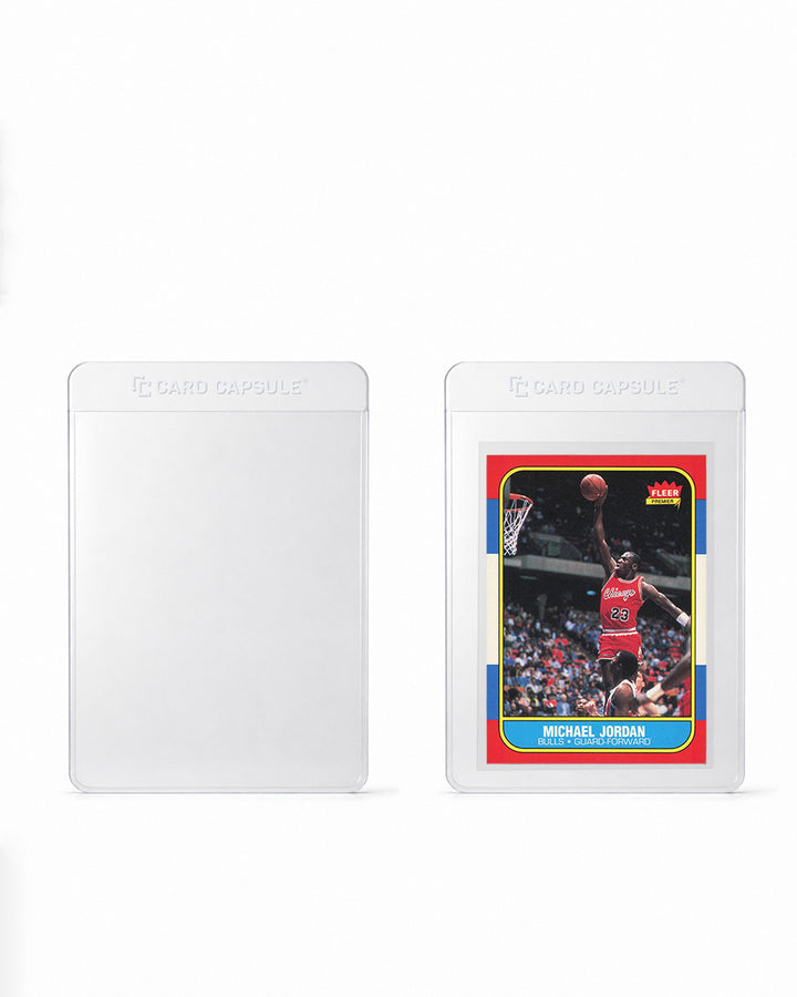Card Capsule semi-rigid holder beside a graded slab, showing the size relationship