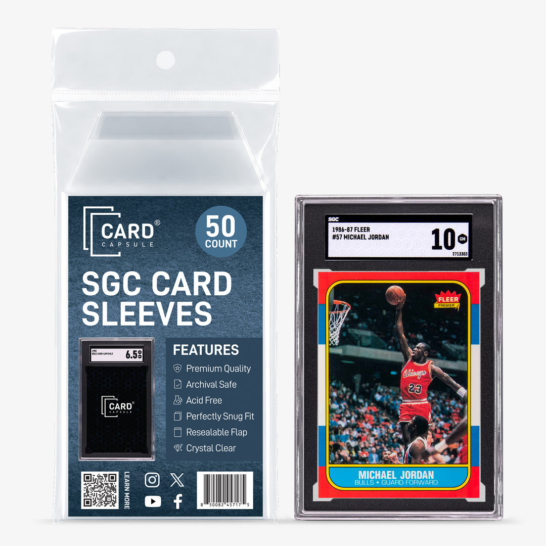 Card Capsule SGC Card Sleeves 50-count pack beside an SGC-graded vintage basketball rookie card in a sleeve