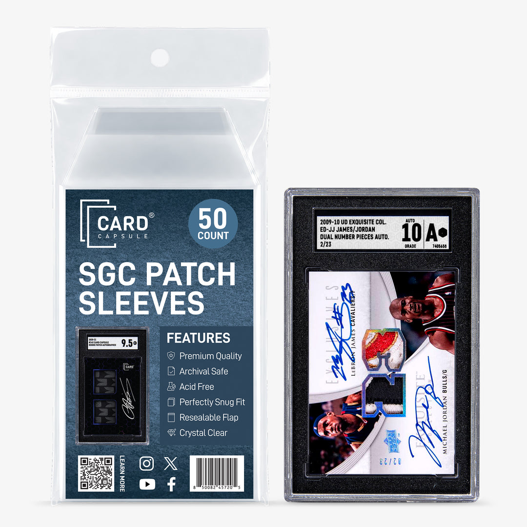 Card Capsule SGC Patch Sleeves 50-count pack beside an SGC-graded dual autograph patch card in a sleeve