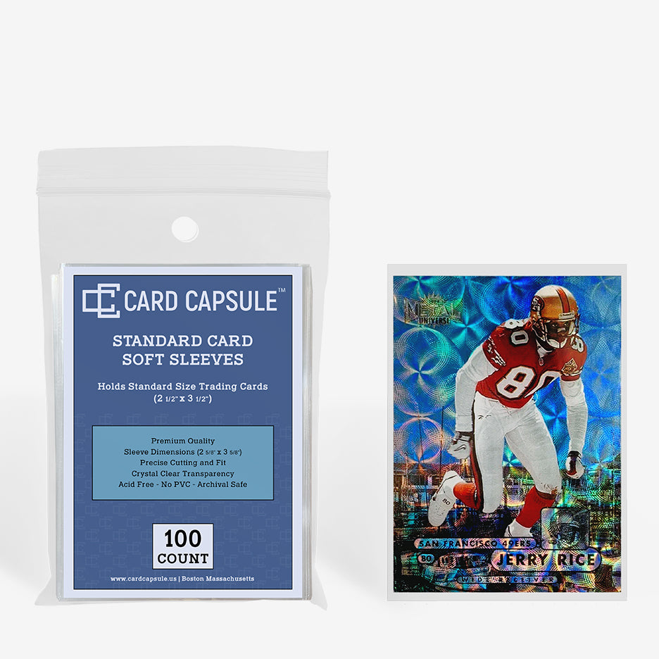 Card Capsule Standard Card Soft Sleeves 100-count pack beside a holographic football insert card