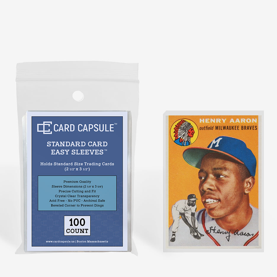 Card Capsule Standard Card Easy Sleeves 100-count pack beside a vintage baseball card