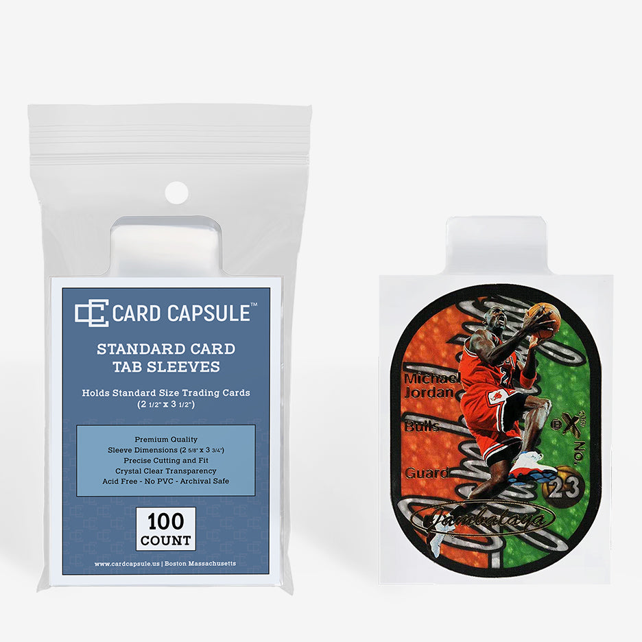 Card Capsule Standard Card Tab Sleeves 100-count pack beside a die-cut basketball insert card in a tab sleeve