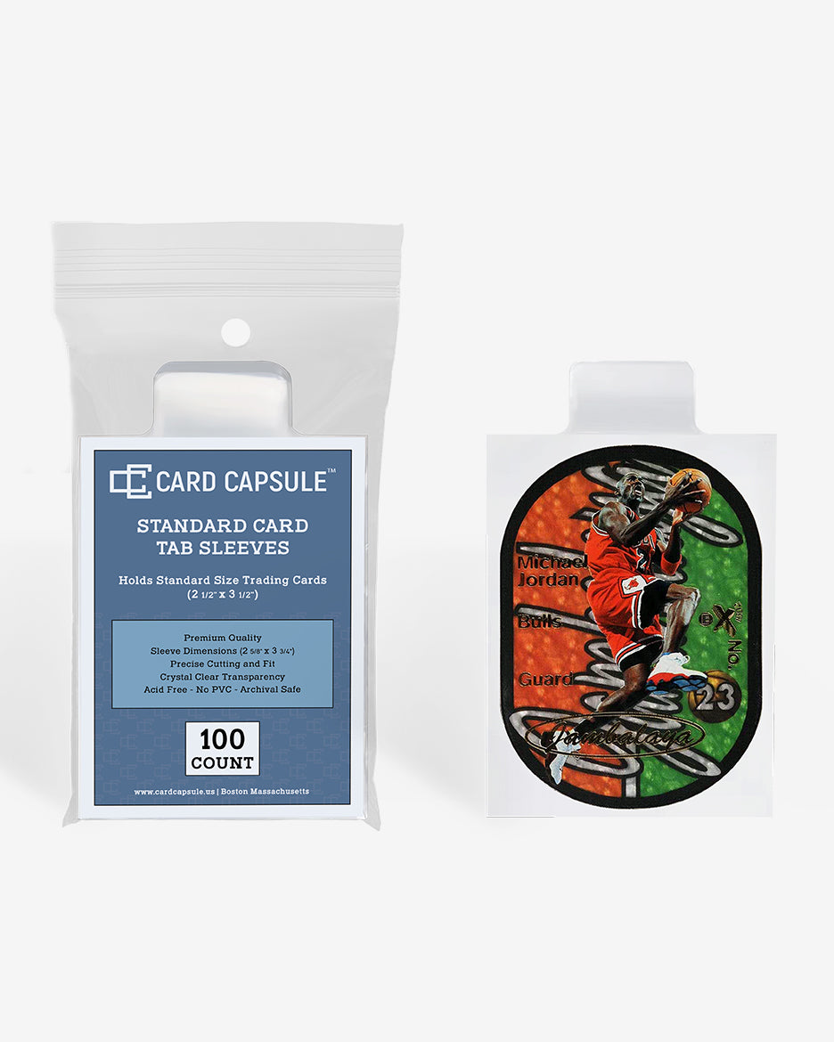Card Capsule Standard Card Tab Sleeves 100-count pack beside a die-cut basketball insert card in a tab sleeve