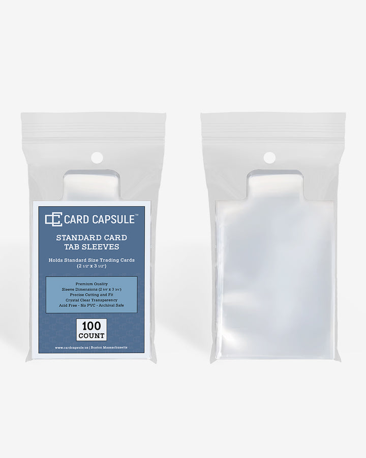 Standard Card Tab Sleeves pack next to a single clear sleeve, showing the tab at the top