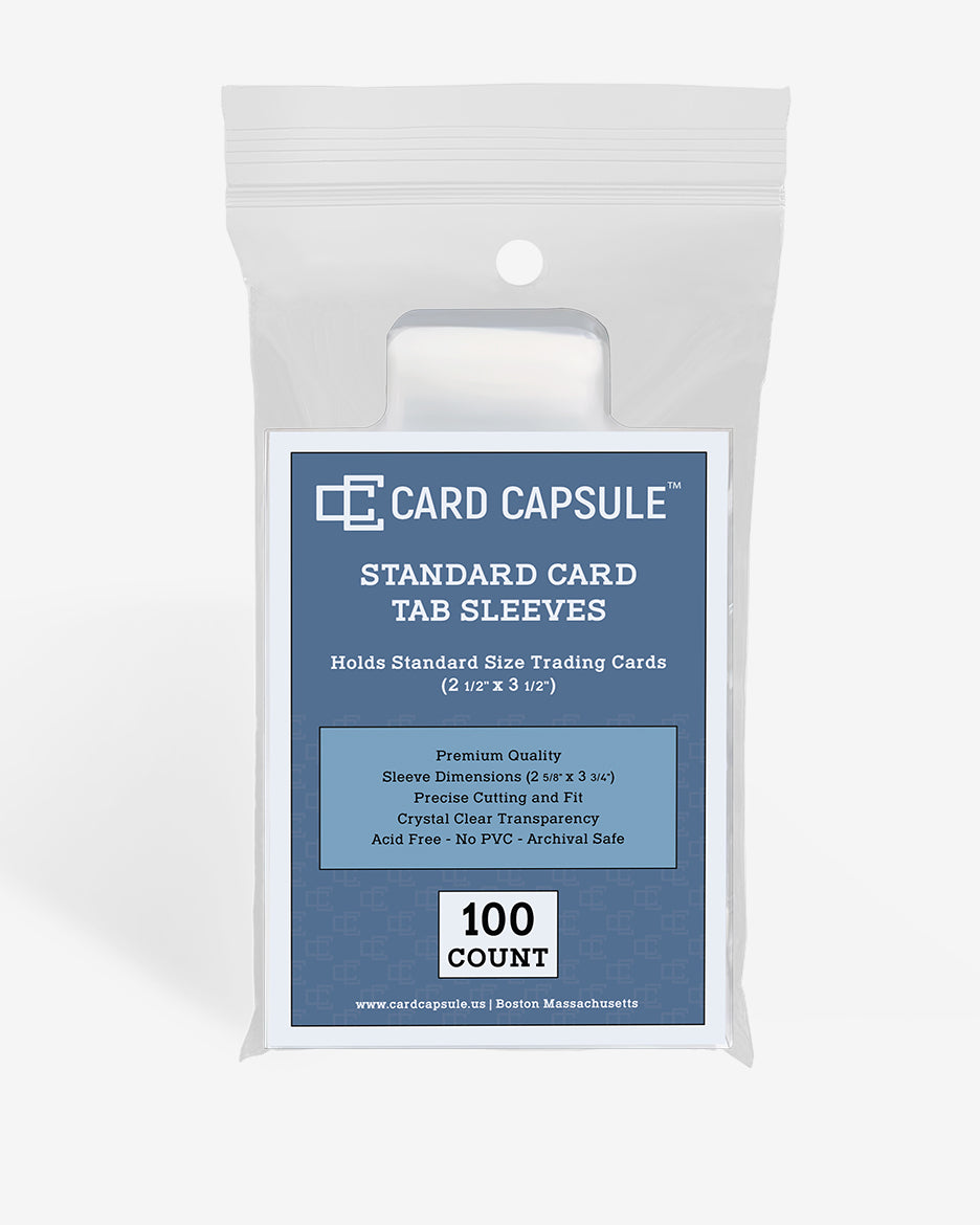 Front of the Card Capsule Standard Card Tab Sleeves package, listing acid-free, PVC-free, and archival safe