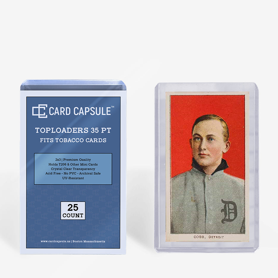 Card Capsule Toploaders 35pt tobacco size 25-count pack beside a vintage T206 card in a toploader