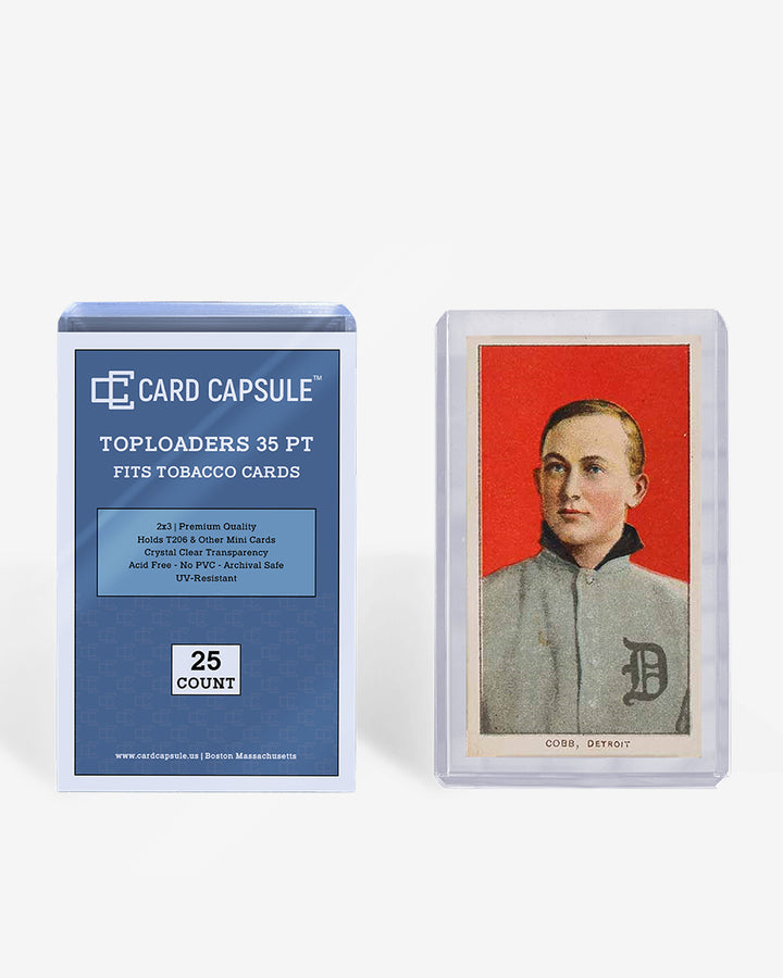 Card Capsule Toploaders 35pt tobacco size 25-count pack beside a vintage T206 card in a toploader