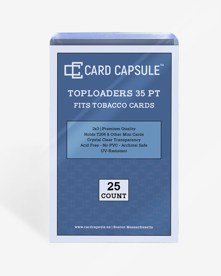 Front of the Card Capsule Toploaders 35pt tobacco size package, listing acid-free, PVC-free, archival safe, and UV resistant