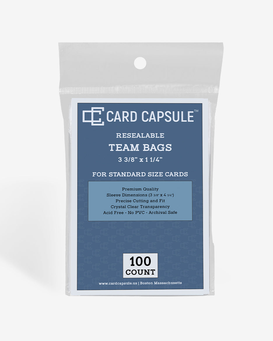 Front of the Card Capsule Resealable Team Bags package, listing 3⅜ by 5¼ inches, acid-free, PVC-free, and archival safe