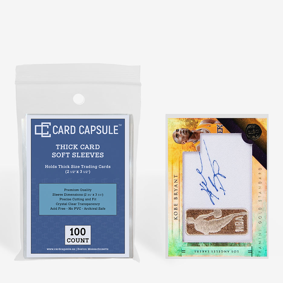 Card Capsule Thick Card Soft Sleeves 100-count pack beside an autographed patch basketball card