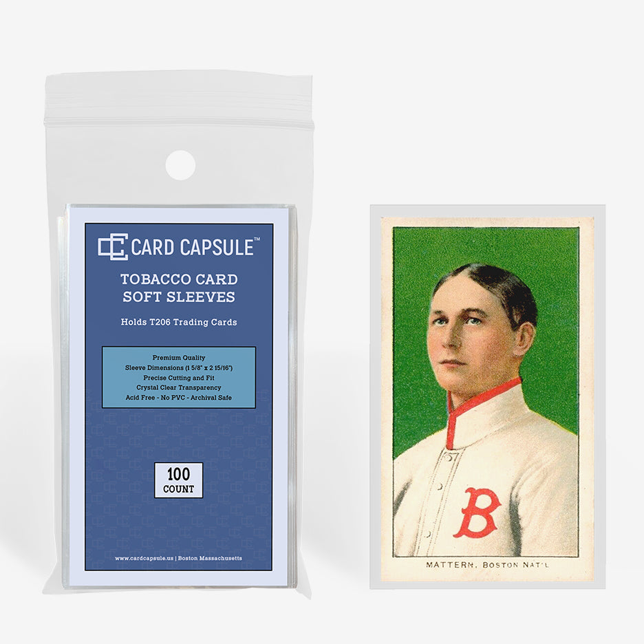 Card Capsule Tobacco Card Soft Sleeves 100-count pack beside a vintage T206 tobacco card