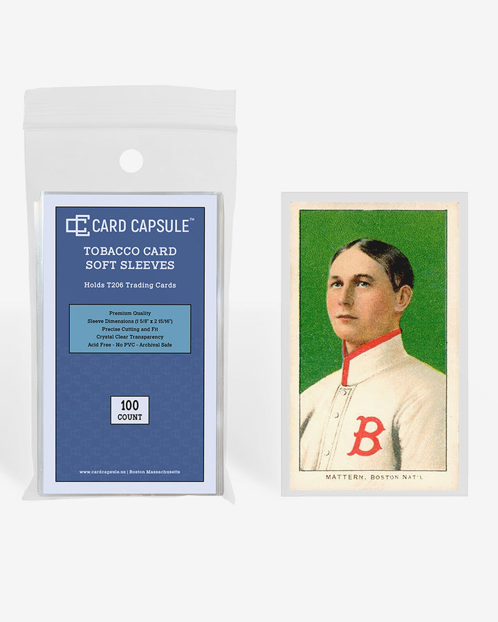 Card Capsule Tobacco Card Soft Sleeves 100-count pack beside a vintage T206 tobacco card