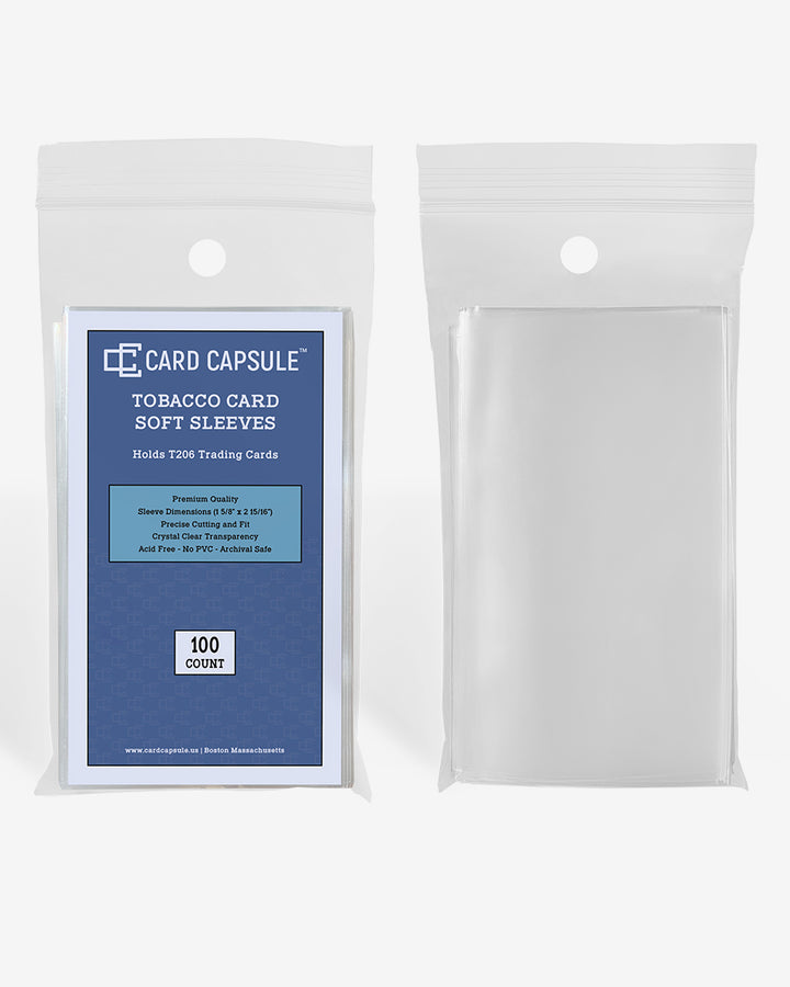 Tobacco Card Soft Sleeves pack next to a single clear sleeve, showing the smaller tobacco size
