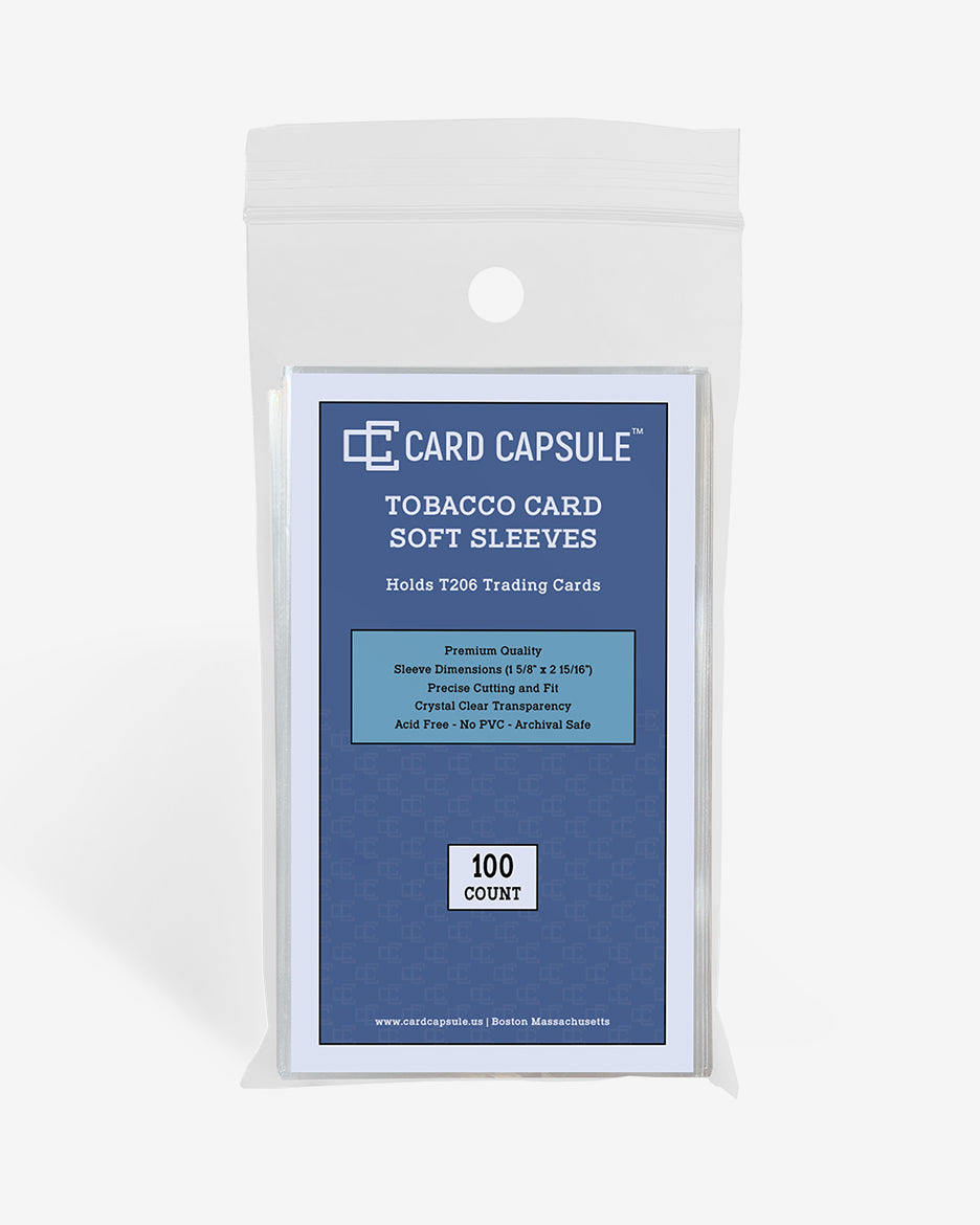 Front of the Card Capsule Tobacco Card Soft Sleeves package, listing acid-free, PVC-free, and archival safe