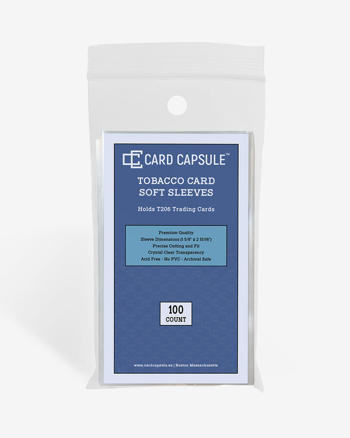 Front of the Card Capsule Tobacco Card Soft Sleeves package, listing acid-free, PVC-free, and archival safe