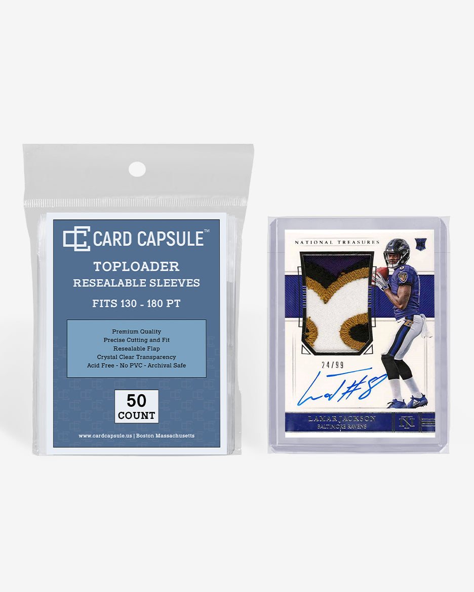 Card Capsule Toploader Resealable Sleeves 50-count pack beside an autographed patch card in a thick toploader