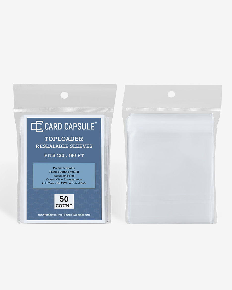 Toploader Resealable Sleeves pack next to a single sleeve, showing the size and resealable flap