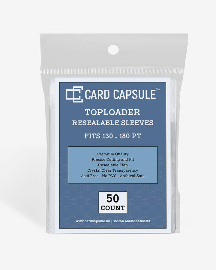 Front of the Card Capsule Toploader Resealable Sleeves 130-180PT package, listing acid-free, PVC-free, and archival safe