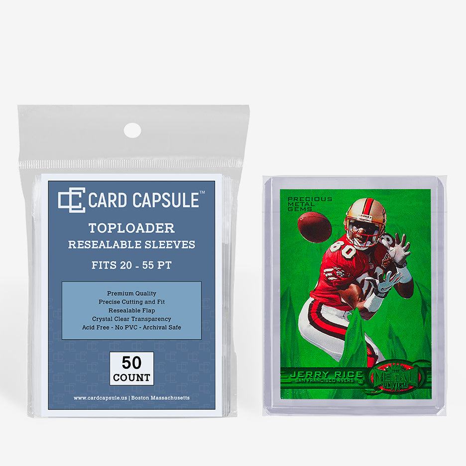 Card Capsule Toploader Resealable Sleeves 50-count pack beside a football insert card in a toploader