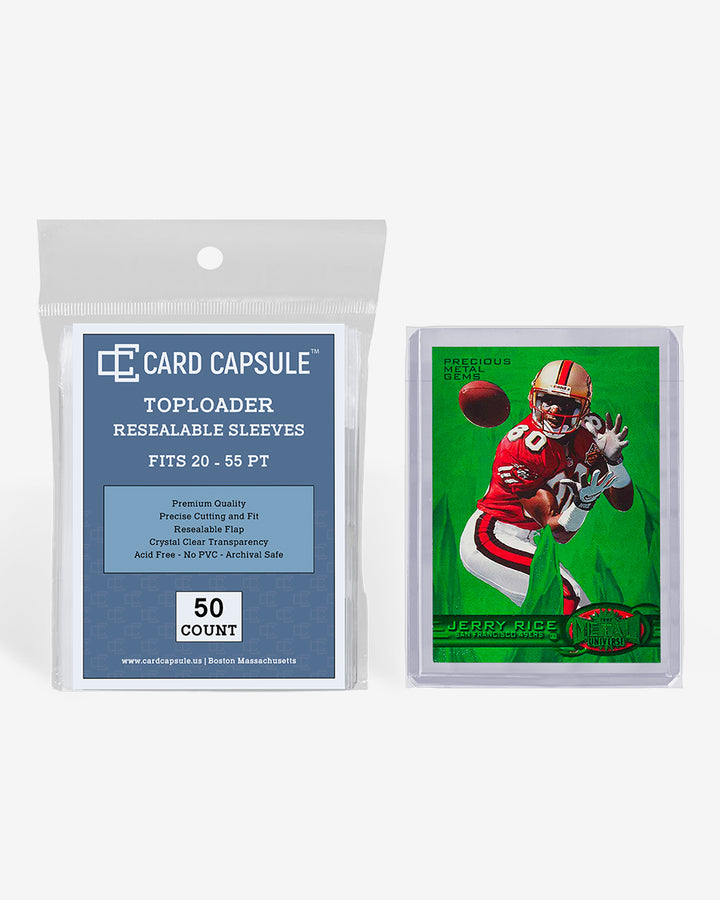 Card Capsule Toploader Resealable Sleeves 50-count pack beside a football insert card in a toploader