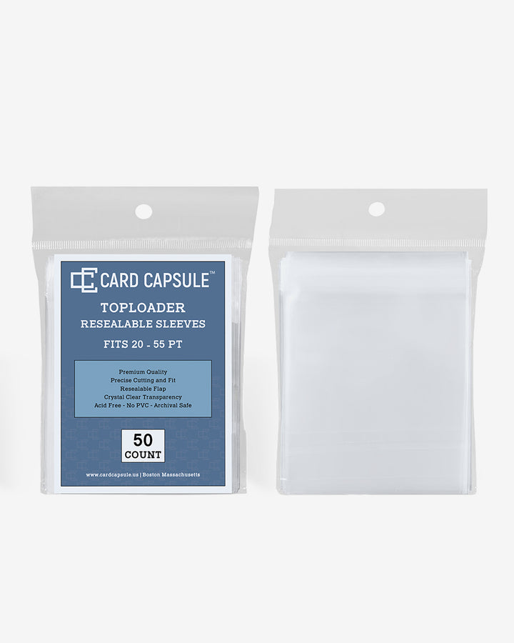 Toploader Resealable Sleeves pack next to a single sleeve, showing the size and resealable flap