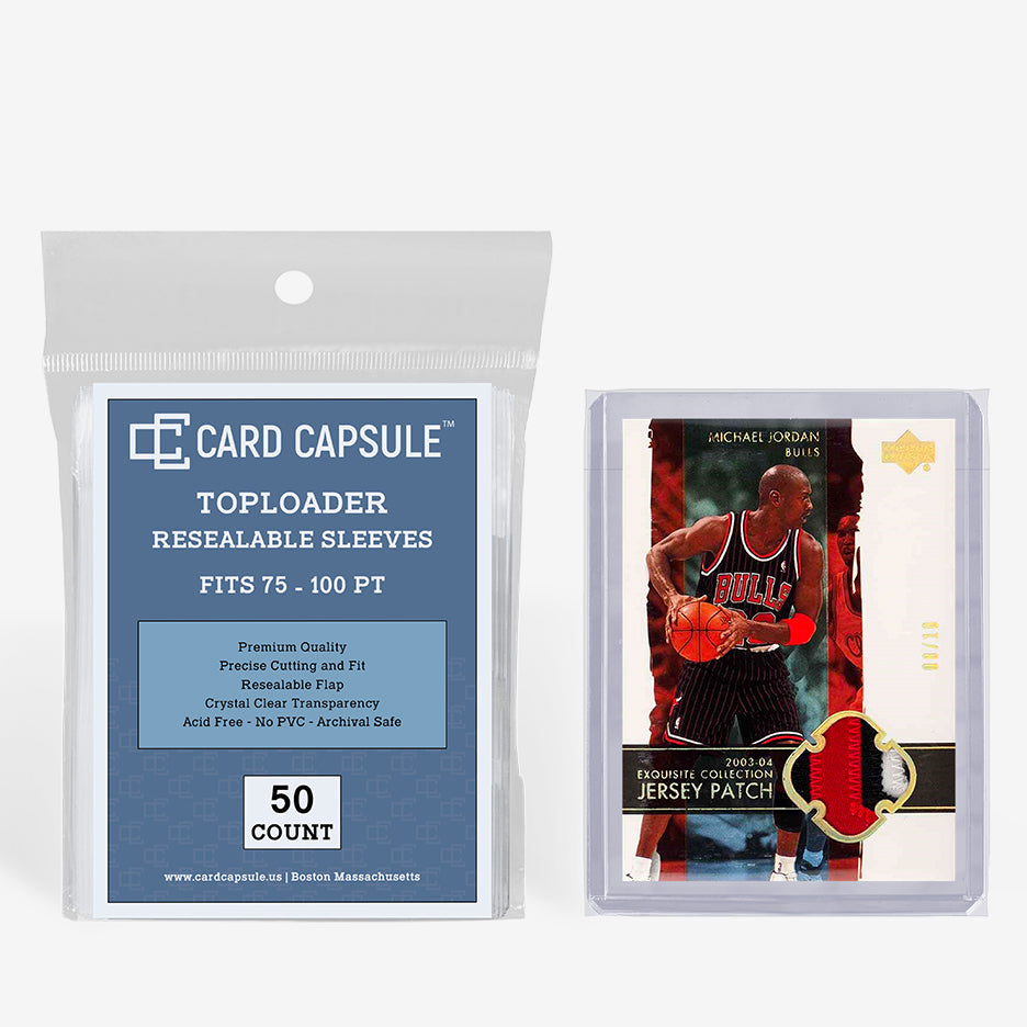 Card Capsule Toploader Resealable Sleeves 50-count pack beside a jersey patch card in a thick toploader