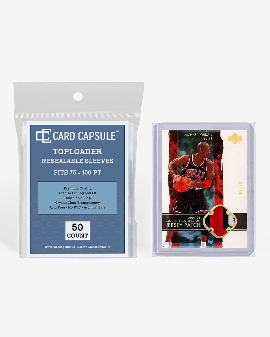 Card Capsule Toploader Resealable Sleeves 50-count pack beside a jersey patch card in a thick toploader