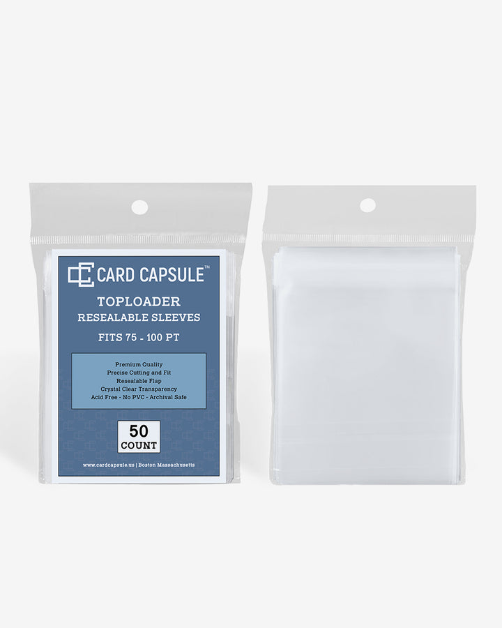 Toploader Resealable Sleeves pack next to a single sleeve, showing the size and resealable flap