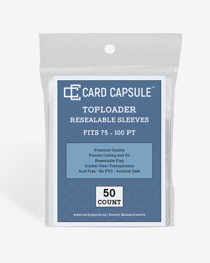 Front of the Card Capsule Toploader Resealable Sleeves 75-100PT package, listing acid-free, PVC-free, and archival safe