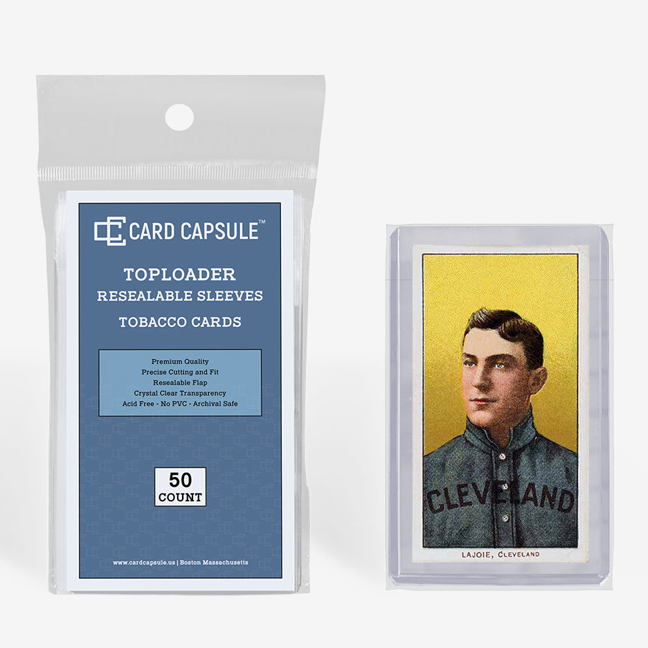 Card Capsule Toploader Resealable Sleeves tobacco size 50-count pack beside a vintage T206 card in a toploader