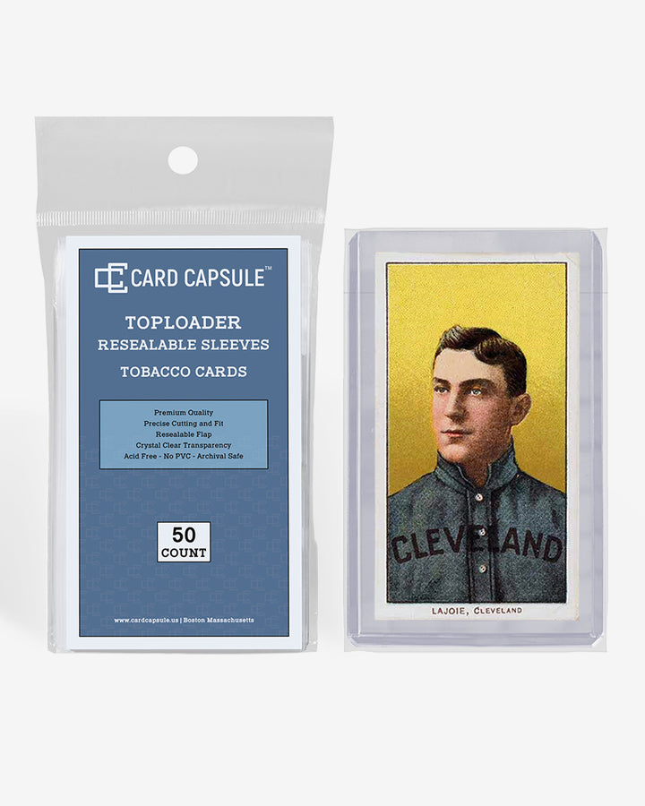 Card Capsule Toploader Resealable Sleeves tobacco size 50-count pack beside a vintage T206 card in a toploader