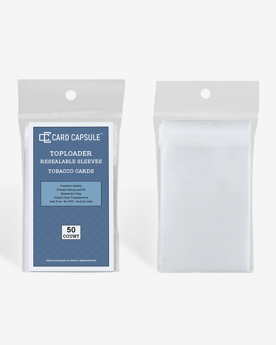 Toploader Resealable Sleeves tobacco size pack next to a single clear sleeve, showing the resealable flap