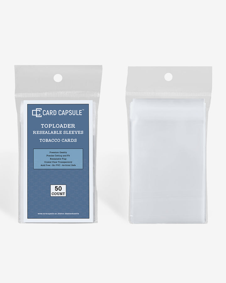 Toploader Resealable Sleeves tobacco size pack next to a single clear sleeve, showing the resealable flap