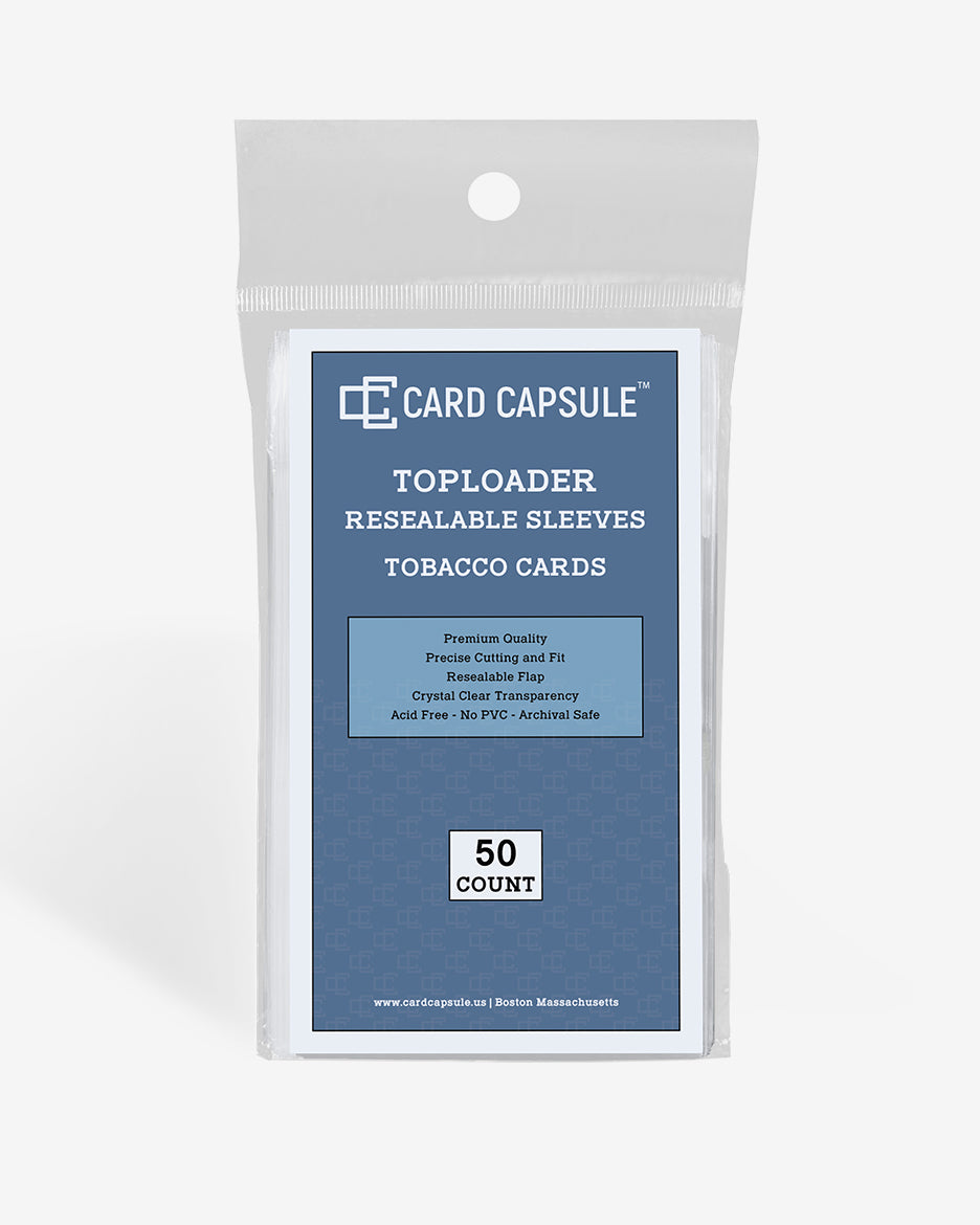 Front of the Card Capsule Toploader Resealable Sleeves tobacco size package, listing acid-free, PVC-free, and archival safe