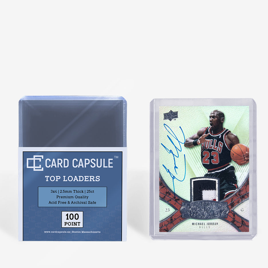Card Capsule Top Loaders 100pt 25-count pack beside an autographed jersey patch card in a thick toploader