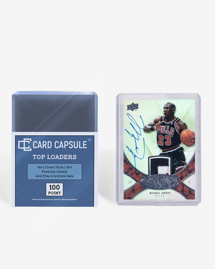 Card Capsule Top Loaders 100pt 25-count pack beside an autographed jersey patch card in a thick toploader