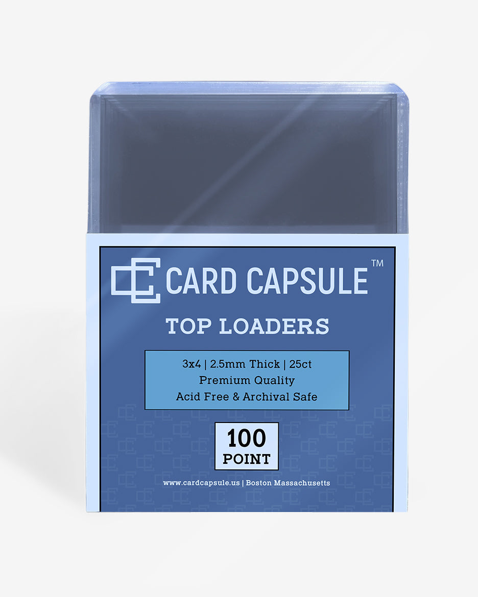 Front of the Card Capsule Top Loaders 100pt package, listing 2.5mm thick, 25 count, premium quality, acid-free, and archival safe