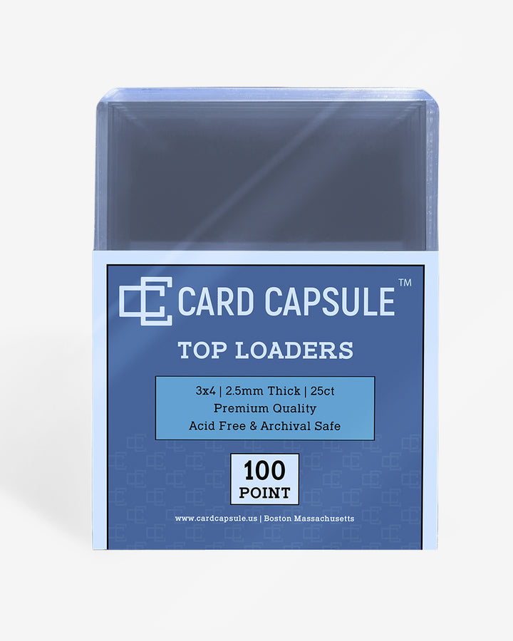 Front of the Card Capsule Top Loaders 100pt package, listing 2.5mm thick, 25 count, premium quality, acid-free, and archival safe