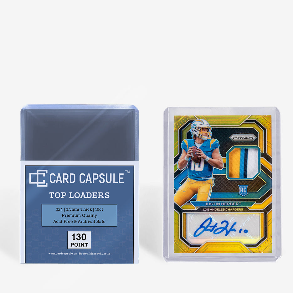 Card Capsule Top Loaders 130pt 10-count pack beside an autographed gold prizm patch rookie card in a thick toploader