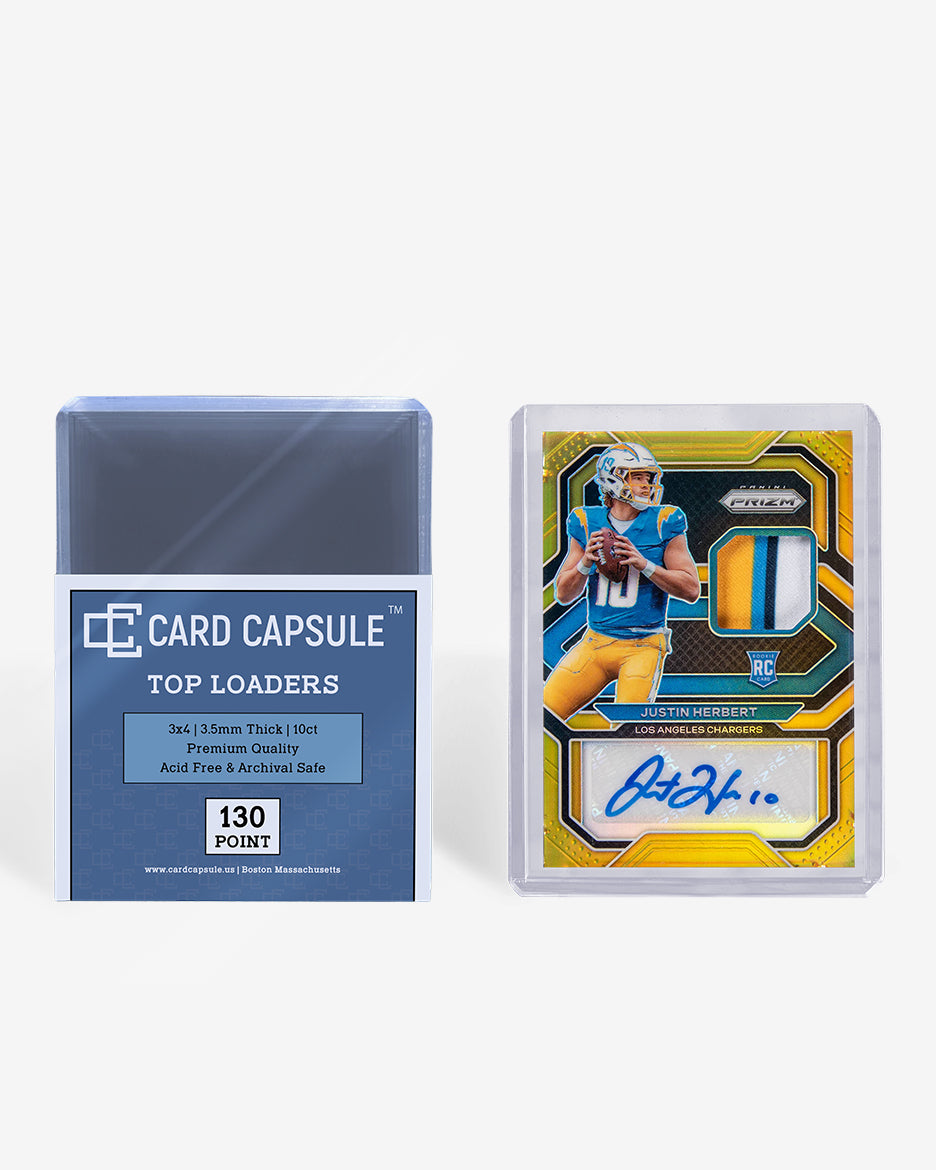 Card Capsule Top Loaders 130pt 10-count pack beside an autographed gold prizm patch rookie card in a thick toploader