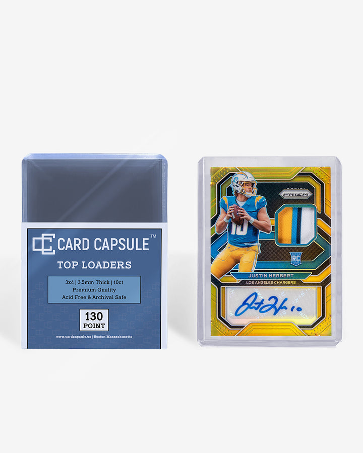 Card Capsule Top Loaders 130pt 10-count pack beside an autographed gold prizm patch rookie card in a thick toploader