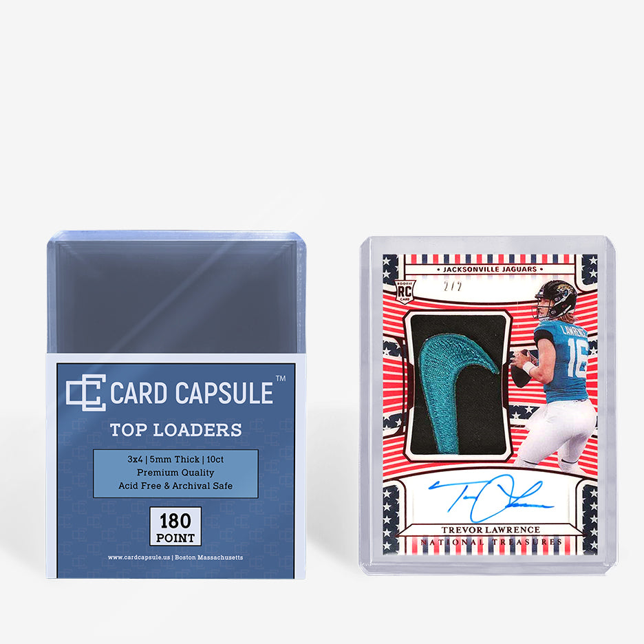 Card Capsule Top Loaders 180pt 10-count pack beside an autographed patch rookie card in a thick toploader