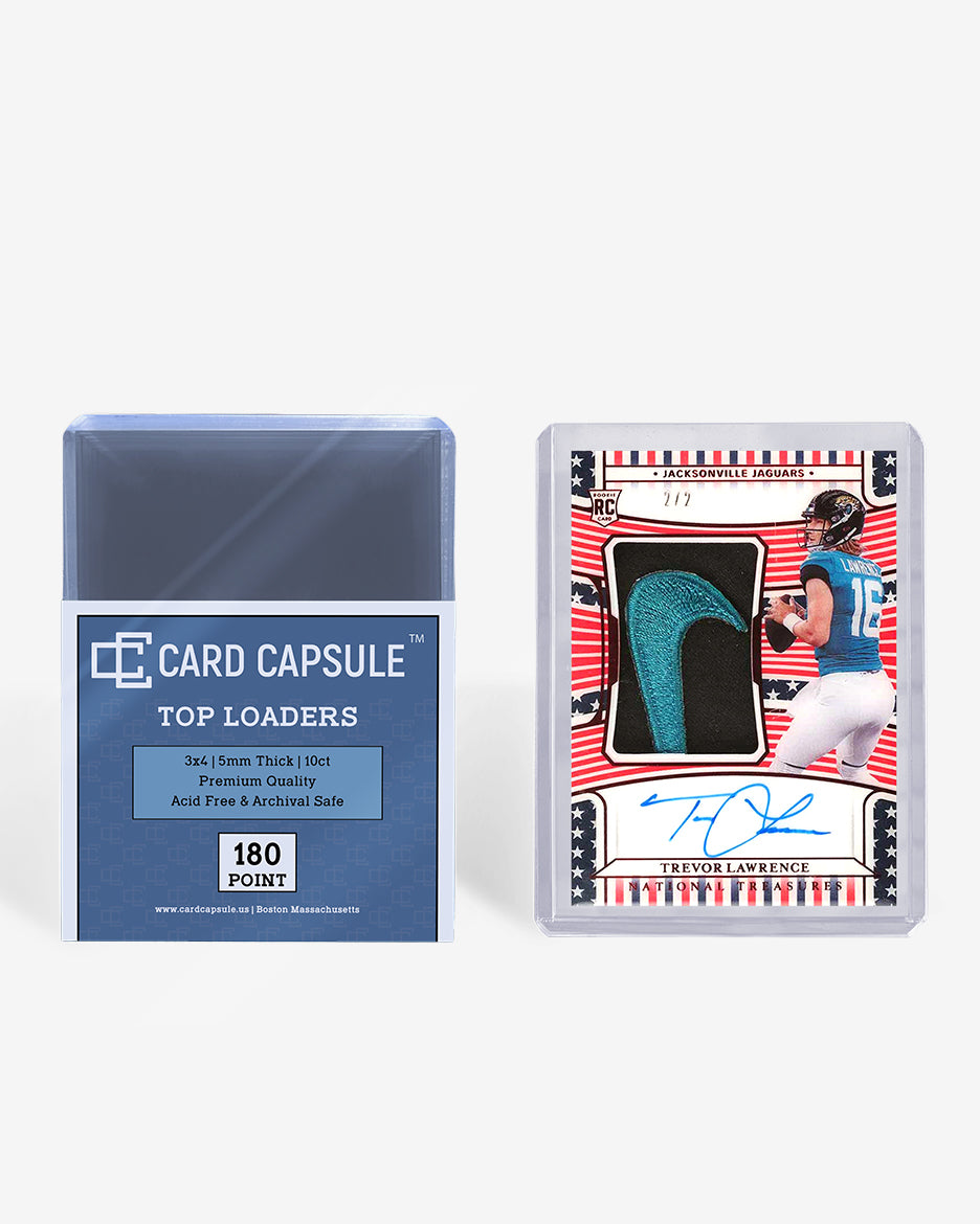 Card Capsule Top Loaders 180pt 10-count pack beside an autographed patch rookie card in a thick toploader